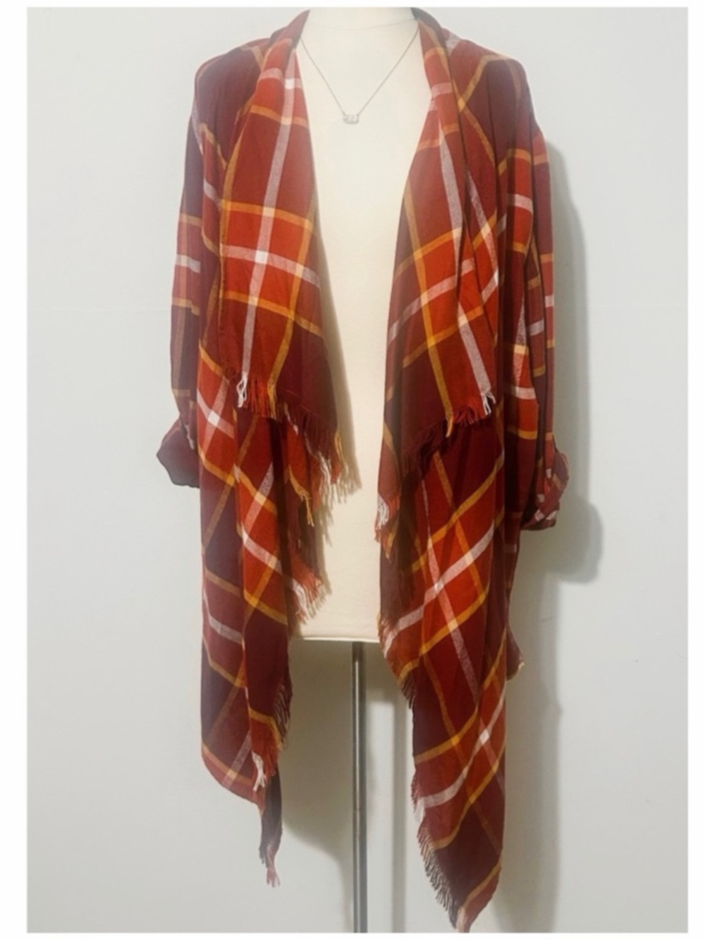 Maurices Plaid Open-Front Fringe Cardigan - Rust Plaid - Picture 2 of 5